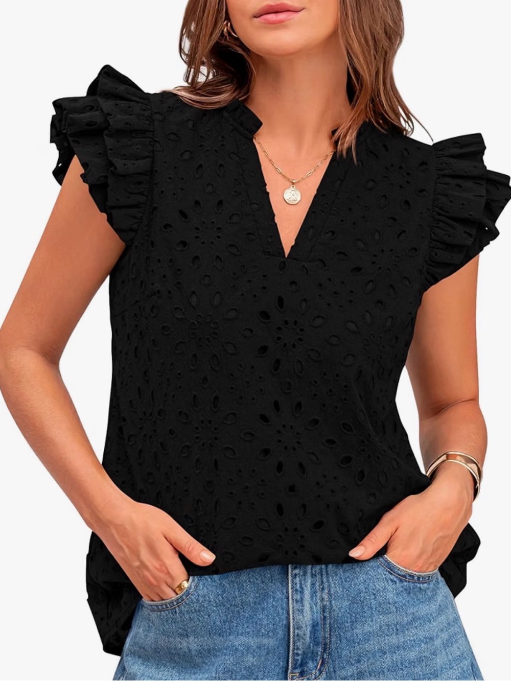 Eyelet Flutter Sleeve Blouse - Black